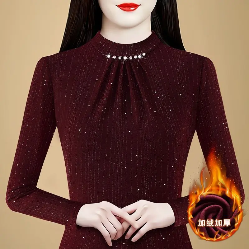 

Autumn Winter Warm Underwear Women Pullover Plus Velvet Jacket Fashion Coat Lace Body Western-Style Bottoming Shirt Female Top