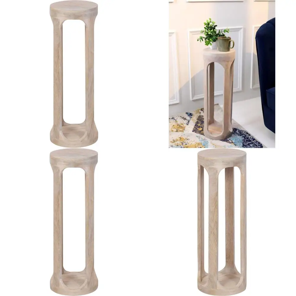 

Modern White Wooden Round Drink Table with Cup Stand for Living & Bedroom, Ideal for Plants and Storage
