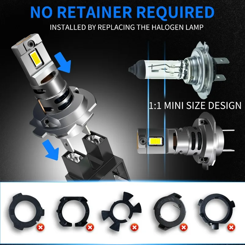 

V1 Прямая вилка H7 с вентилятором вентилятора Автомобильная светодиодная фара 16-ядерная мини-неполярная лампа высокой яркости 6000K 60 Вт