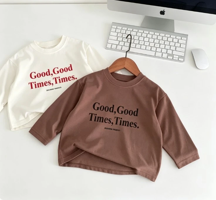 Kids Letter Print T Shirt Short And Long Sleeve Options With Good Good Times Text Design Soft Cotton Casual Tops For Boys Girls