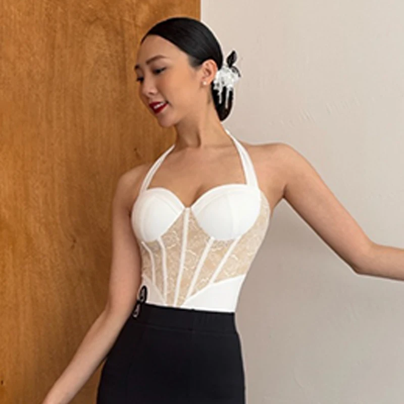 الرسن الرقبة اللاتينية قاعة الرقص القمم النساء رومبا السامبا الرقص ممارسة الملابس الكبار أبيض أسود شبكة الربط ارتداءها BL15236