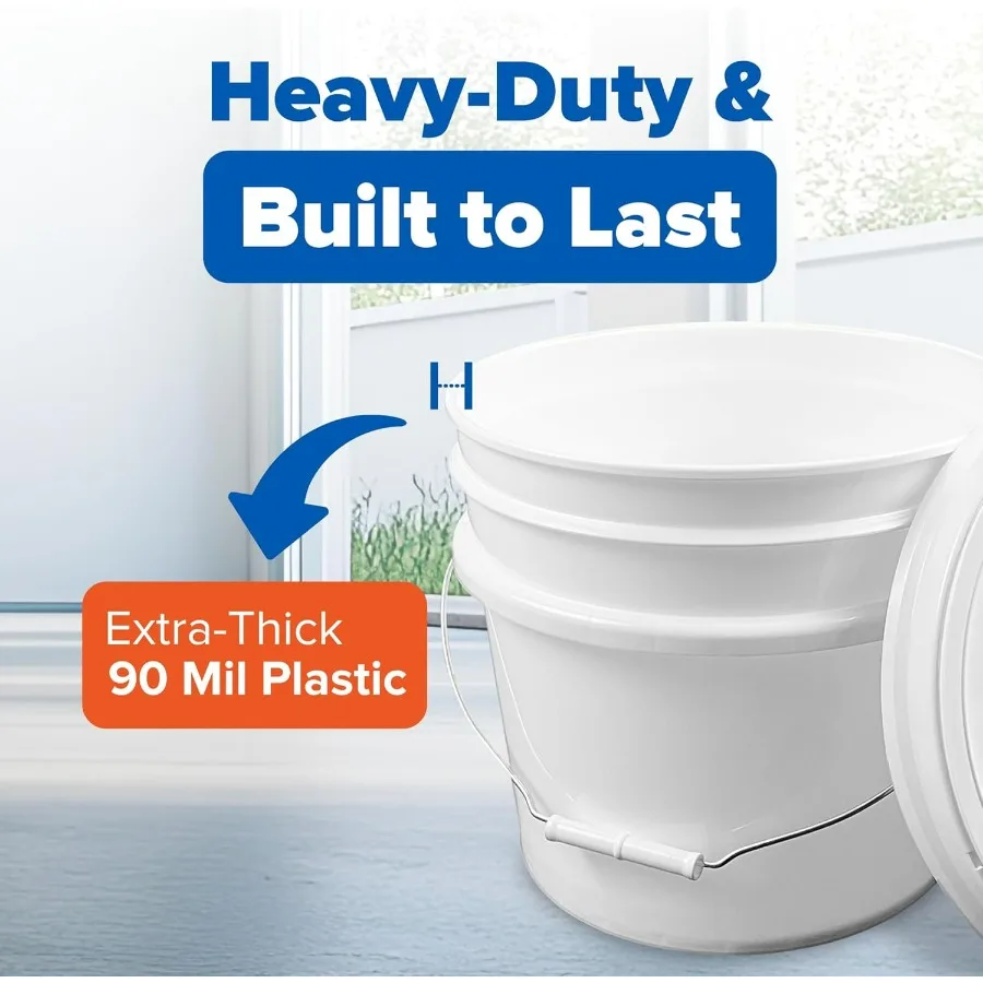 دلو أبيض سعة 3.5 جالون مع برغي جاما أصفر على الغطاء (عبوة من 6 قطع)، تخزين للطعام، بلاستيك HPDE ممتاز، خالي من مادة BPA، متين #6