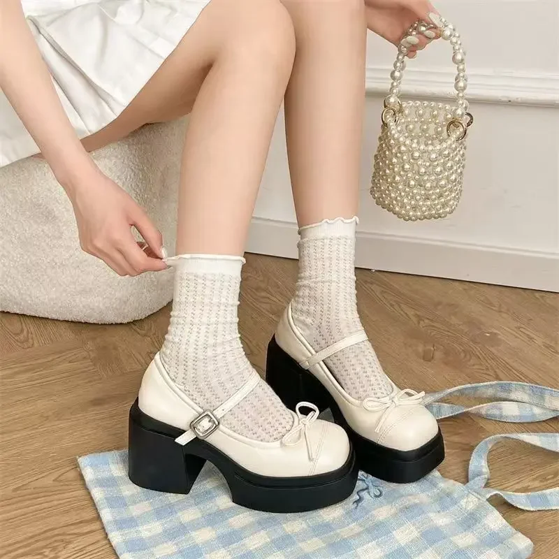 

2026 Platform Thick High Women Mary Jane Shoes Ladies Concise Outdoor Pumps Spring Autumn Women's Dress Leather Shoes