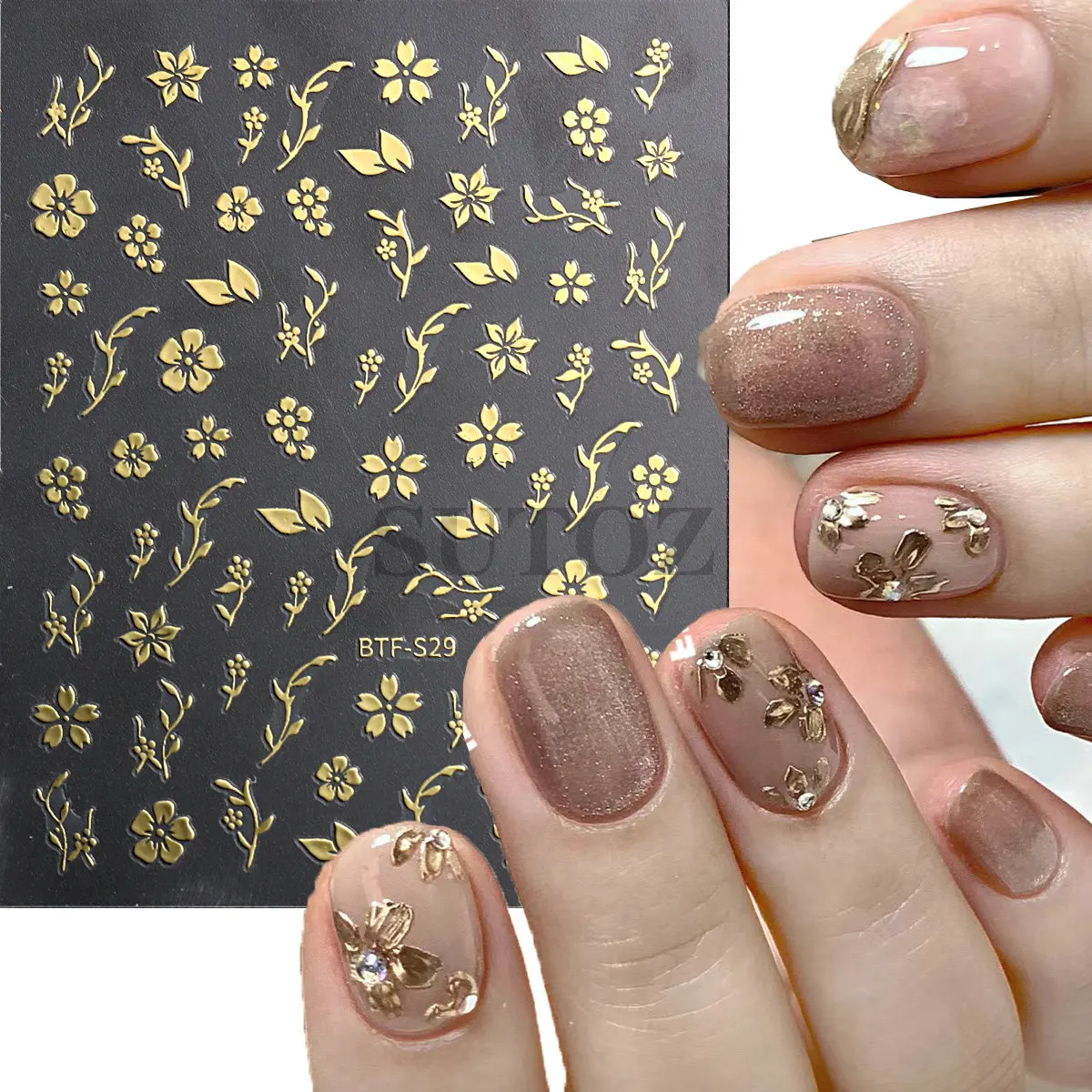 Flowers Nail Art Stickers Gold Silver Spring Summer Simple Florals Petals Leaf Self Adhesive Decorations For Nail Tips LEBTF-S29