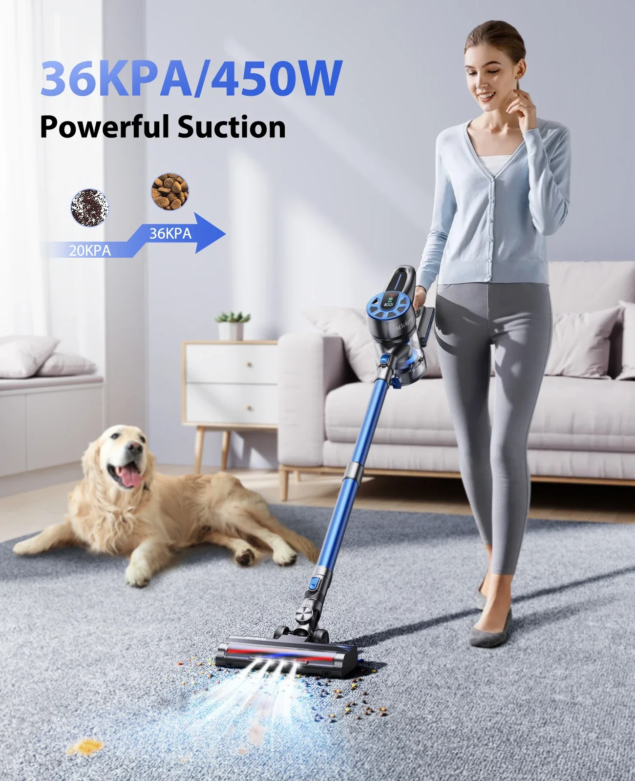 450W 36Kpa Wireless Cordless Handheld Vacuum Cleaners with Display and 1.5L Large Dust Cup for Home Car Pet