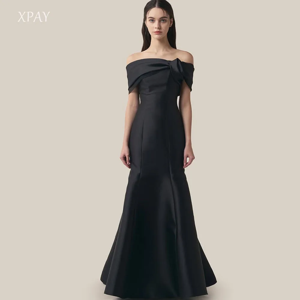 

XPAY Simple Mermaid Black Korea Evening Dresses Off the Shoulder Customised Photo shoot Thick Satin Floor Length Wedding Dress