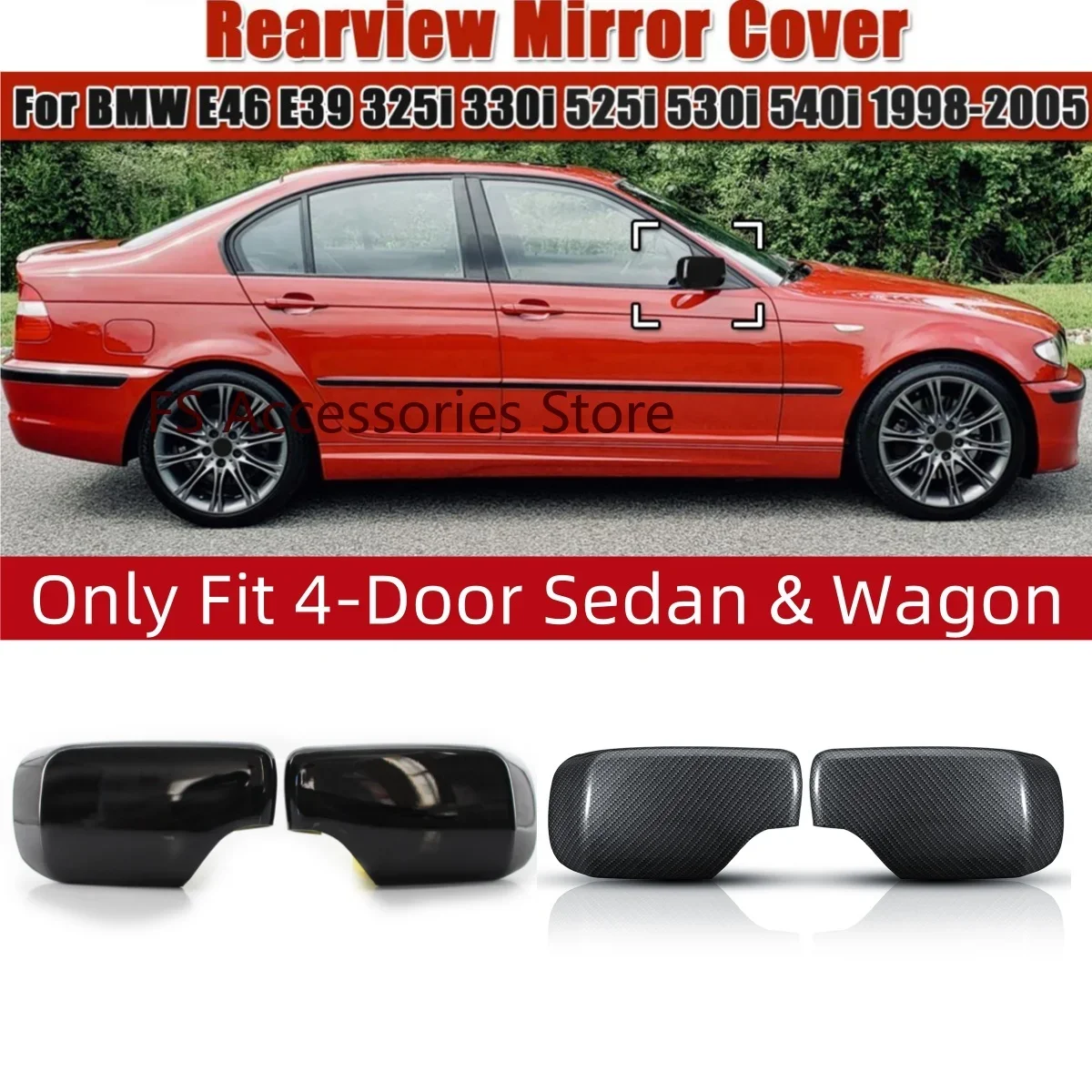 

Carbon Look /Glossy Black Rear View Mirror Cover For BMW E46 E39 3 Series 1998-2005 4-Door Side Wing Cap Mirror Case 51168238375