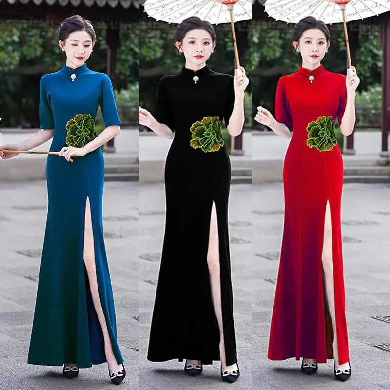 2025 عرض مسرحي جديد تشيباو حجم كبير 3Xl 4Xl 5Xl Chesongam سيدة مثير سبليت النمط الصيني فستان قصير الأكمام Vestidos رداء ثوب #1