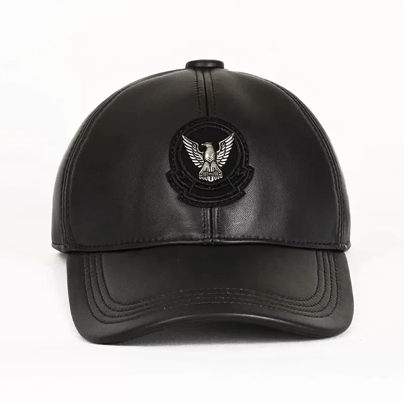 Leather Hap For Men Male Korean Fashion Genuine Sheepskin Outdoor Casual Hat Hombre Eagle Adjustable Rock Hip Pop Black Gorra