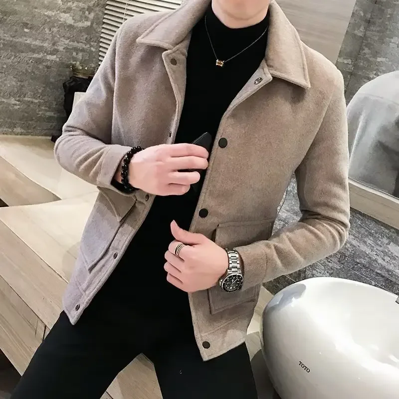 WoolenJacket Men's Autumn Winter Thickened Lapel Trendy Versatile Korean Style Cropped Jacket English Style Coat Nail Art