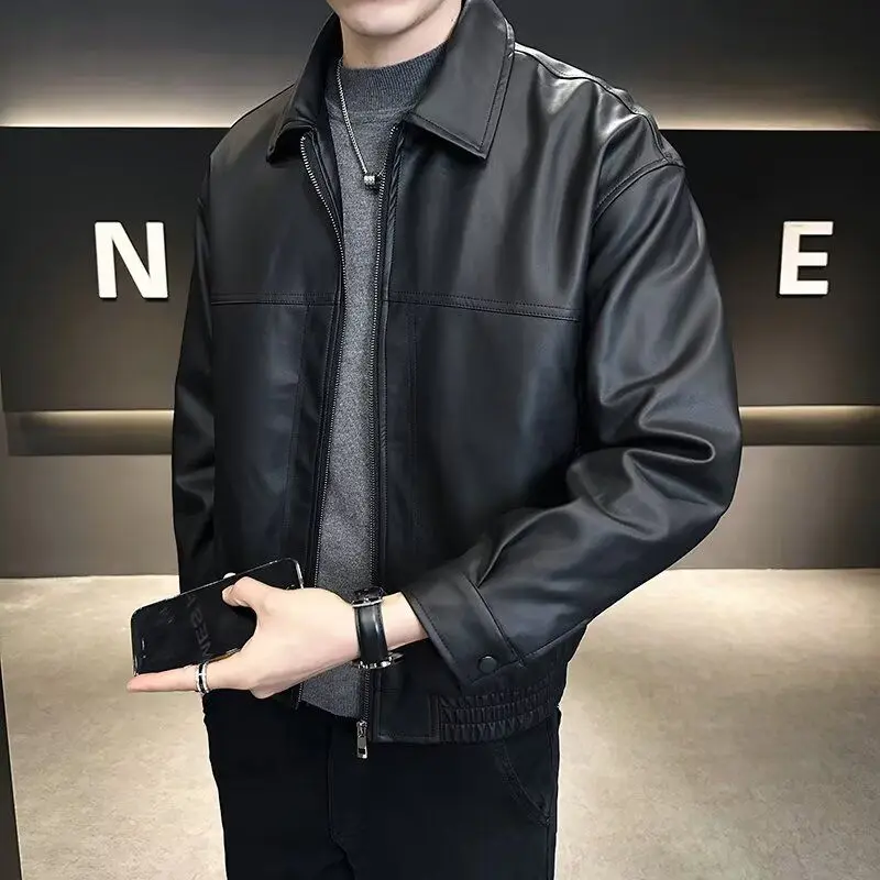 

Loose Fit Vintage Pilot Motorcycle Jaet Men's Spring Autumn PU Leather Coat with Zipper Turn-down Collar Outerwear Coat