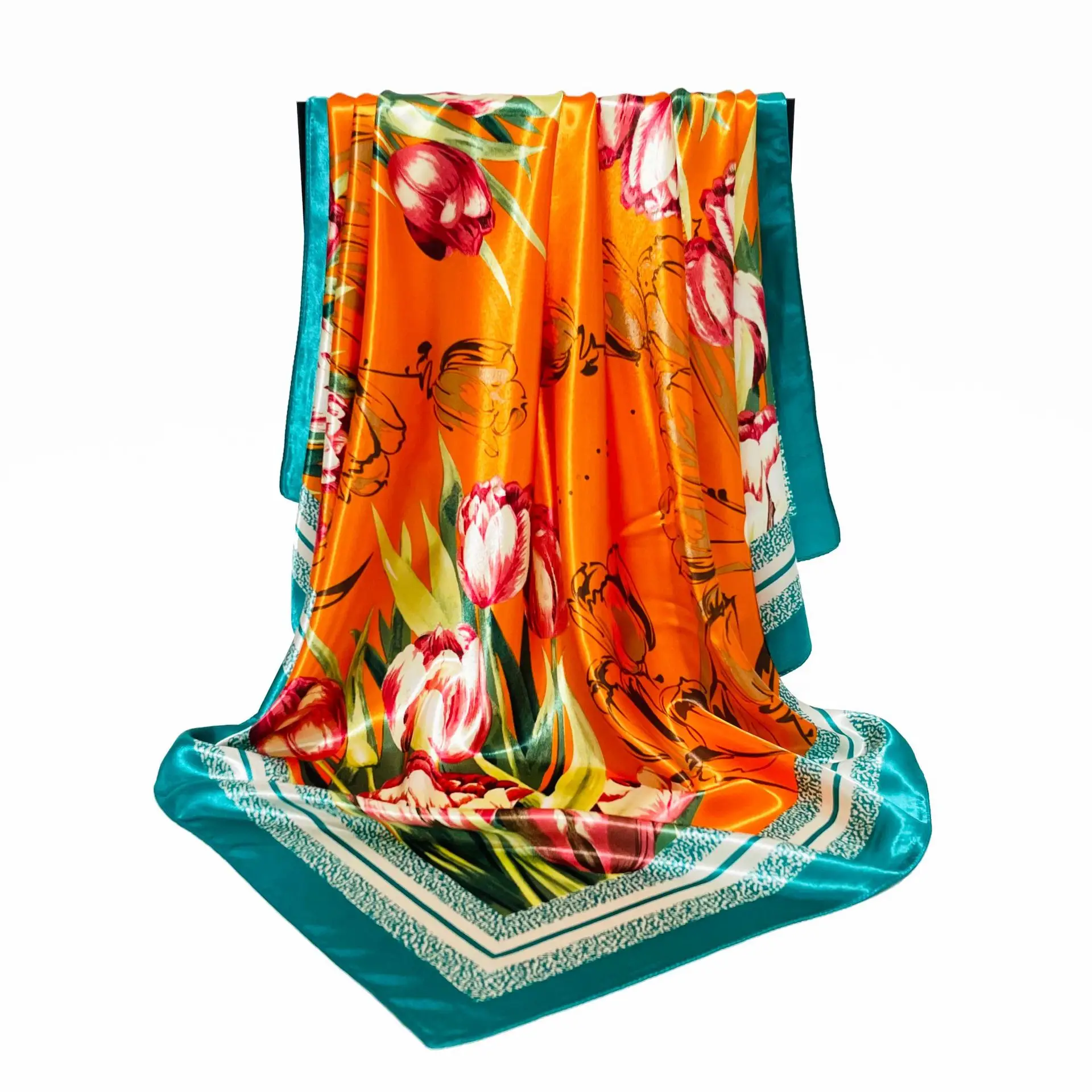 Popular Design Satin Finish Kerchief The Four Seasons Fashion Hijab Luxury Brand 90X90CM Scarves Women New Print Warm Silk Scarf