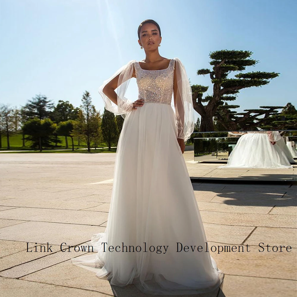 

Charming Square Collar Wedding Dresses with Sequined Full Sleeve Bridal Gowns for Women 2024 New Soft Tulle Vestidos De Novia