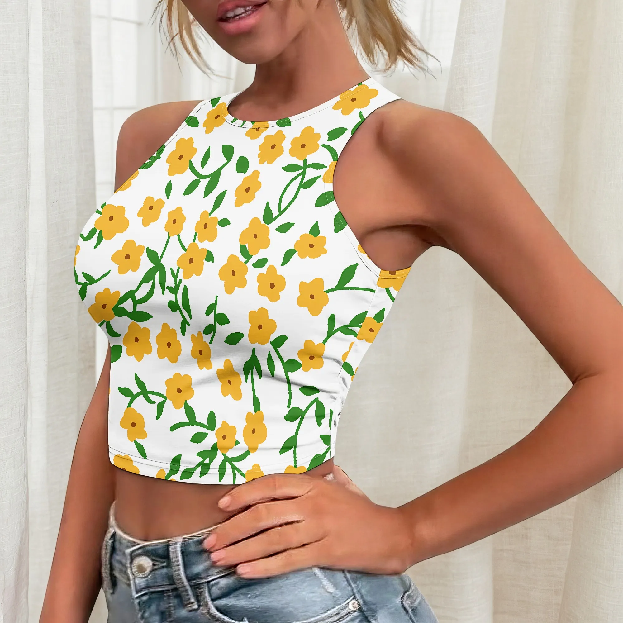 

Yellow Flower Print Crop Top, Floral Tank Tops for Women, Summer Sleeveless Blouse, Casual Beach Wear, S-2XL