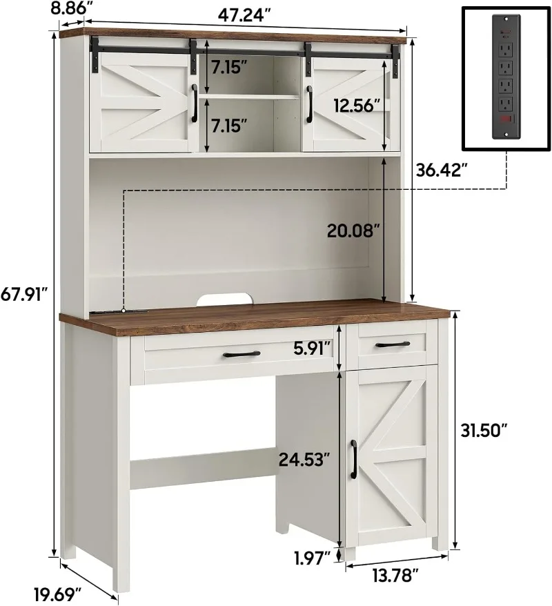 Farmhouse 47" Executive Desk, Computer Desk with Drawers and Storage Cabinet, Workstation Computer Desk with Hutch for Home Offi