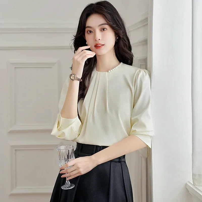 Nieuwe O-hals Vrouwen Blouse Lange Mouw Mode Kralen Chiffon Blouse Shirt Vrouwen Tops Blusa Blusas Camisas De Mujer Blouses M264