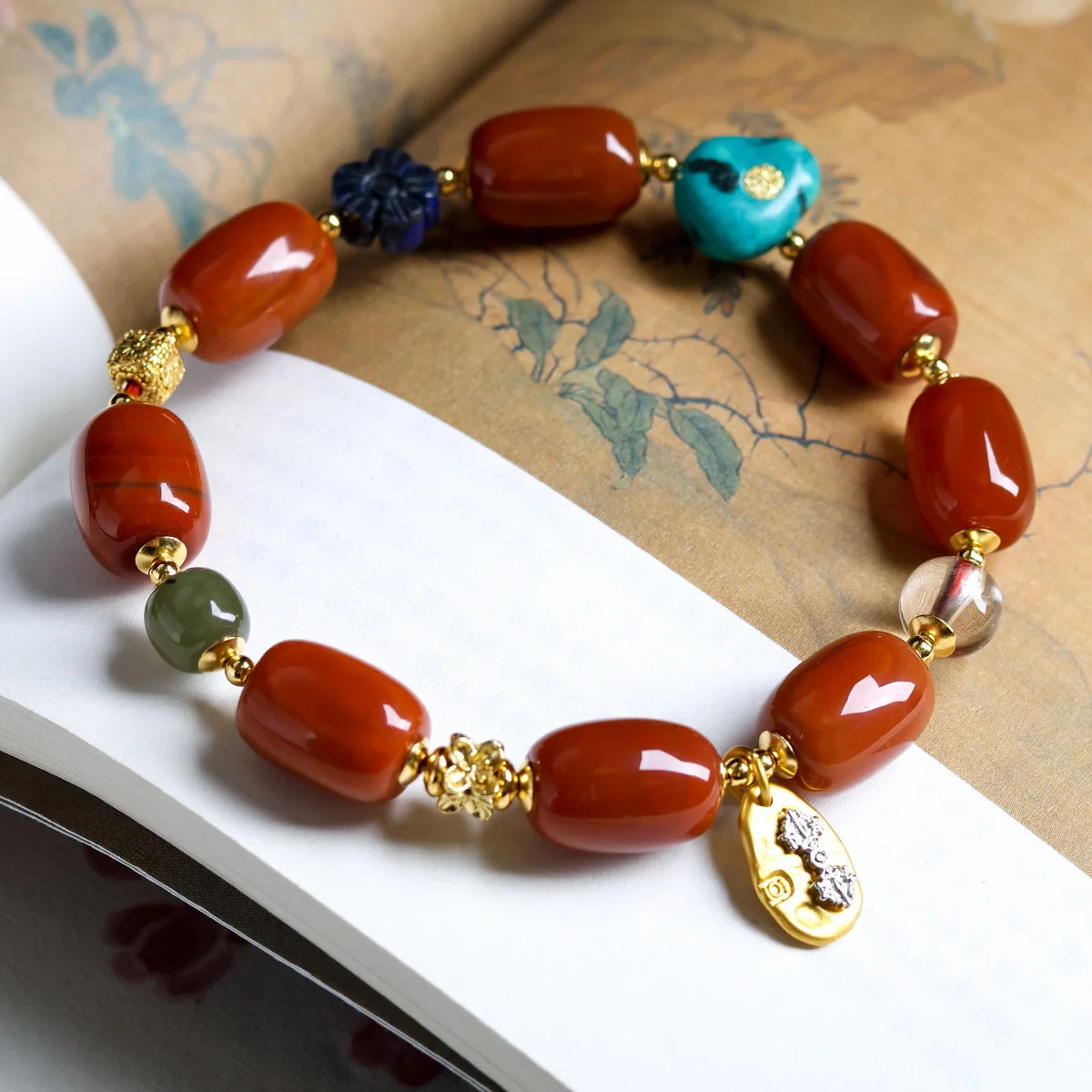 

New Chinese Style Bracelet with South Red Agate Barrel Beads Jasper Lapis Lazuli Magnesite Turquoise for Women Gifts