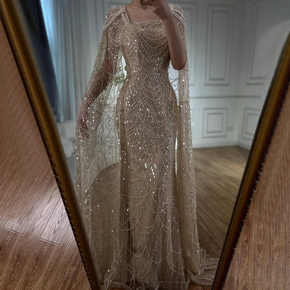 Árabe turquesa capa mangas pérolas frisadas e até o chão vestido de noite vestido de festa para mulher 2024 la72590 personalizado