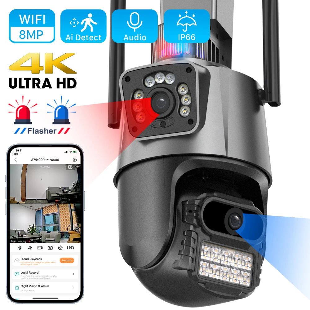 8MP 4K IP Camera Outdoor WiFi PTZ Dual Lens Dual Screen Auto Tracking Waterproof Security Video Surveillance Police Light Alarm