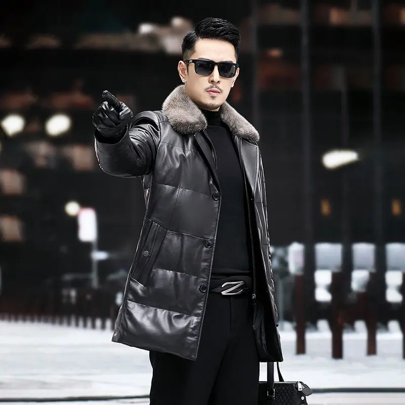 Men's Leather Jacket, Single Breasted Down Jacket, Mink Collar, Mid-Length, Lapel, Sheepkin, Thick Coat, Autumn and Winter