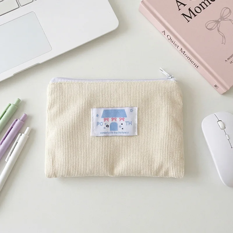 

Korean milk white corduroy storage bag small fresh and cute hand-held cosmetic bag student stationery bag sundries change ba