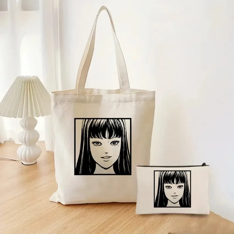 2pcs/set Junji Ito Anime Ladies Handbag Cosmetic Bag Tomie Fashion Canvas Shoulder Eco Large Capacity Shopping Bag Wallet