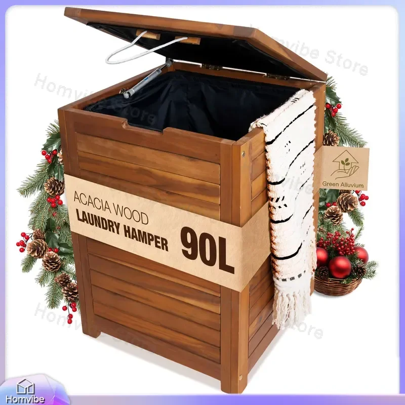Custom Wooden Laundry Basket with Handle Removable Lining Bag Large Capacity for Bedroom Bathroom Storage