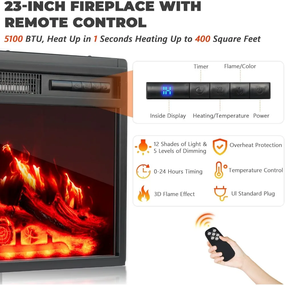 70インチテレビ対応 電気暖炉付きエンターテイメントセンター - ブラウンの背の高いファームハウススタイルのテレビ台（収納付き、暖炉機能付き）