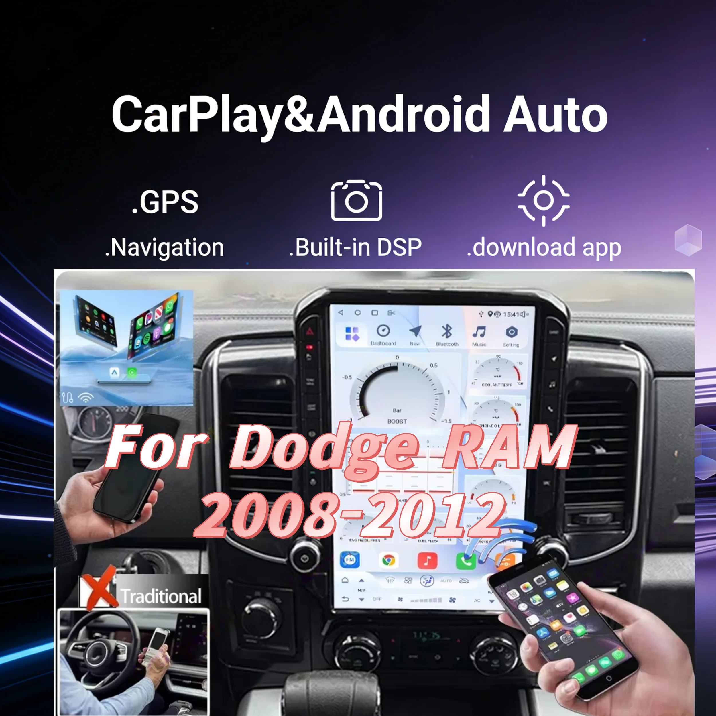 Radio para Auto Android de 14.5 Pulgadas para Dodge RAM 2008-2012, Reproductor Multimedia con Pantalla Táctil, Carplay Inalámbrico, Estéreo para Auto, GPS, BT, Navegación