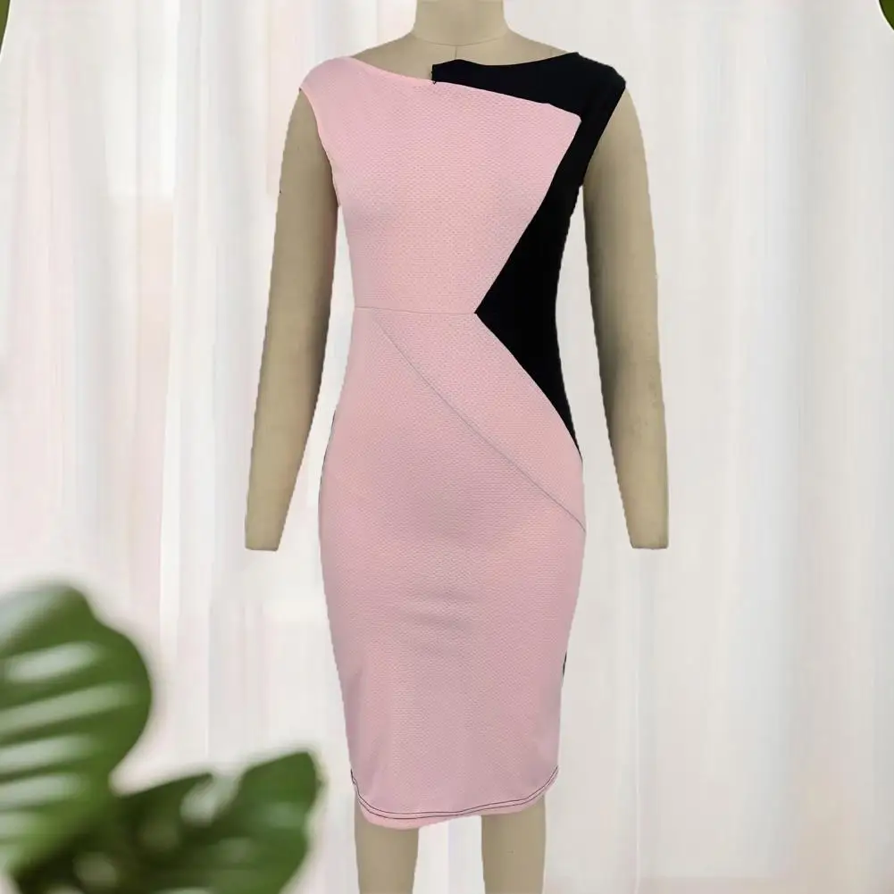 

Soft Material Dress Elegant Midi Dress with Color Matching Patchwork Back Split Formal Office Style for Women Color Matching