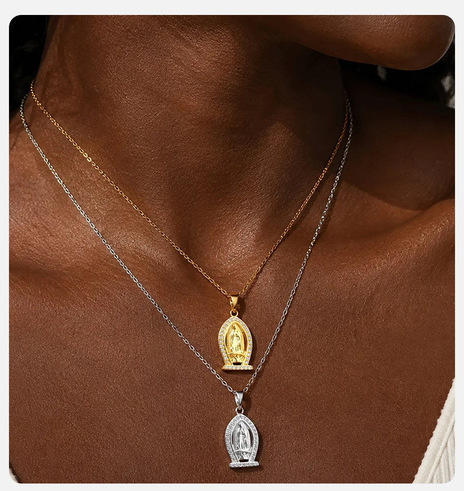 Vnox Jungfrau-Maria-Halskette für Frauen, Edelstahl, vergoldet, mit Zirkonia, religiöser Anhänger, christlicher Gebetsschmuck – Detail 2