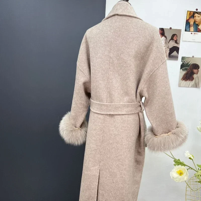 FURYOURSELF 2023 Long Winter Women Jacket Wool Blends Cashmere Coat Cuffs Removable Fox Fur Turn-down Collar Warm Luxury New