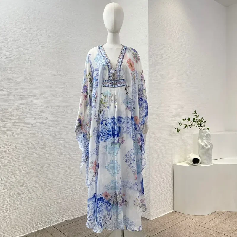 Silk 2024 New Spring Summer Diamonds Pressed White Blue Floral Print Long Sleeve Loose Maxi Dress for Women