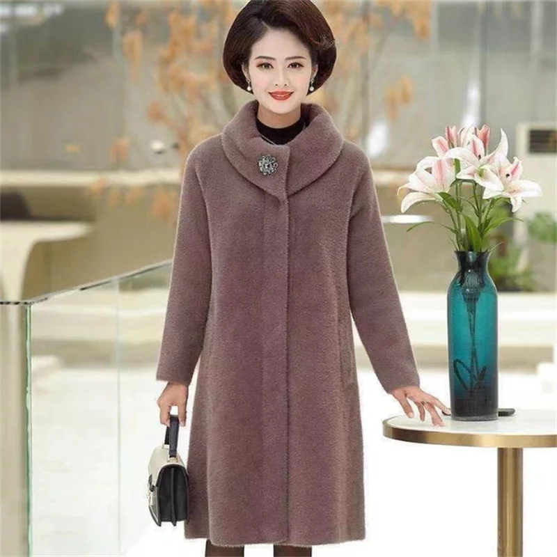 ฤดูใบไม้ร่วงฤดูหนาวผู้หญิงเลียนแบบMink Cashmere Coatสวมใส่หนาปานกลางและยาวถักเสื้อกันหนาวใหม่กลาง-กลางแจ็คเก็ตเสื้อ