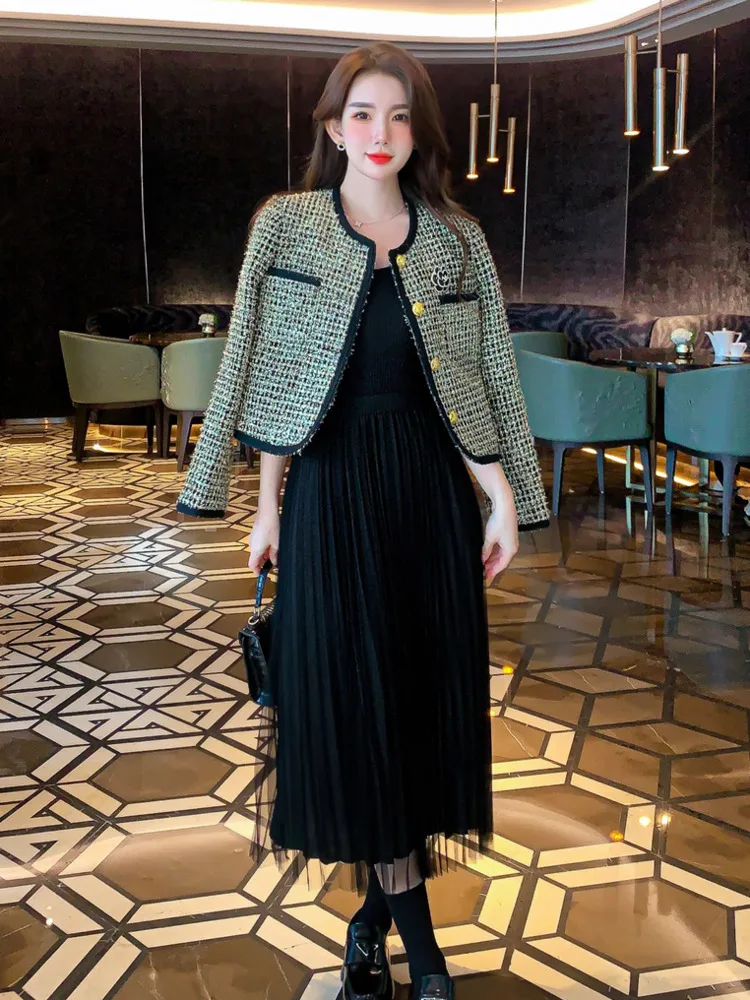 High Quality Autumn Korean Sweet Small Fragrant 2 Piece Sets Women Outfit  Elegant Fashion Tweed Jacket Coat + Long Skirt Suits