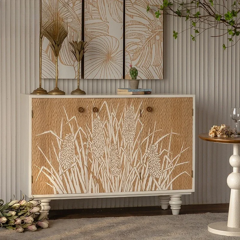 Wabi Sansan wind solid wood carving flower meal side cabinet plant stamen pattern side cabinet entrance entrance aisle cabinet