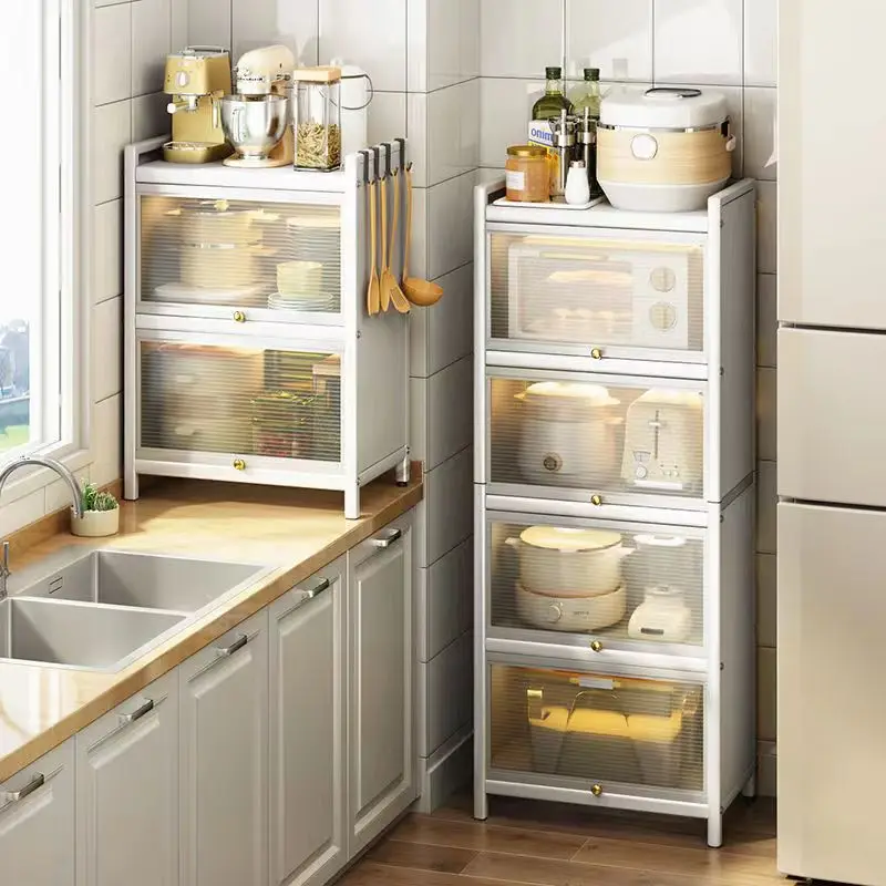 Large Capacity Kitchen Storage Rack Shelf Multi-functional Bowls Dish Pots Storage Cabinet with Clear Door