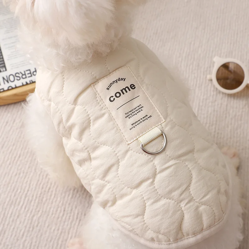 Puppy clothes winter anti-cool cotton vest pet beige simple vest buckle can pull anti-dirty bipod dog costume - view 2