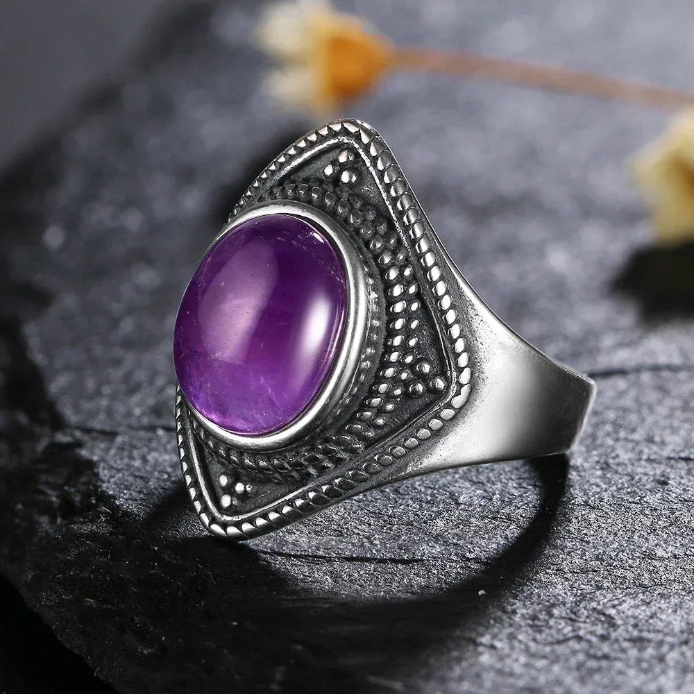 Vintage 8x10MM Natural Oval Amethyst Rings 925 Silver Fine Jewelry for Women Anniversary Party Birthday Gift - Image 3