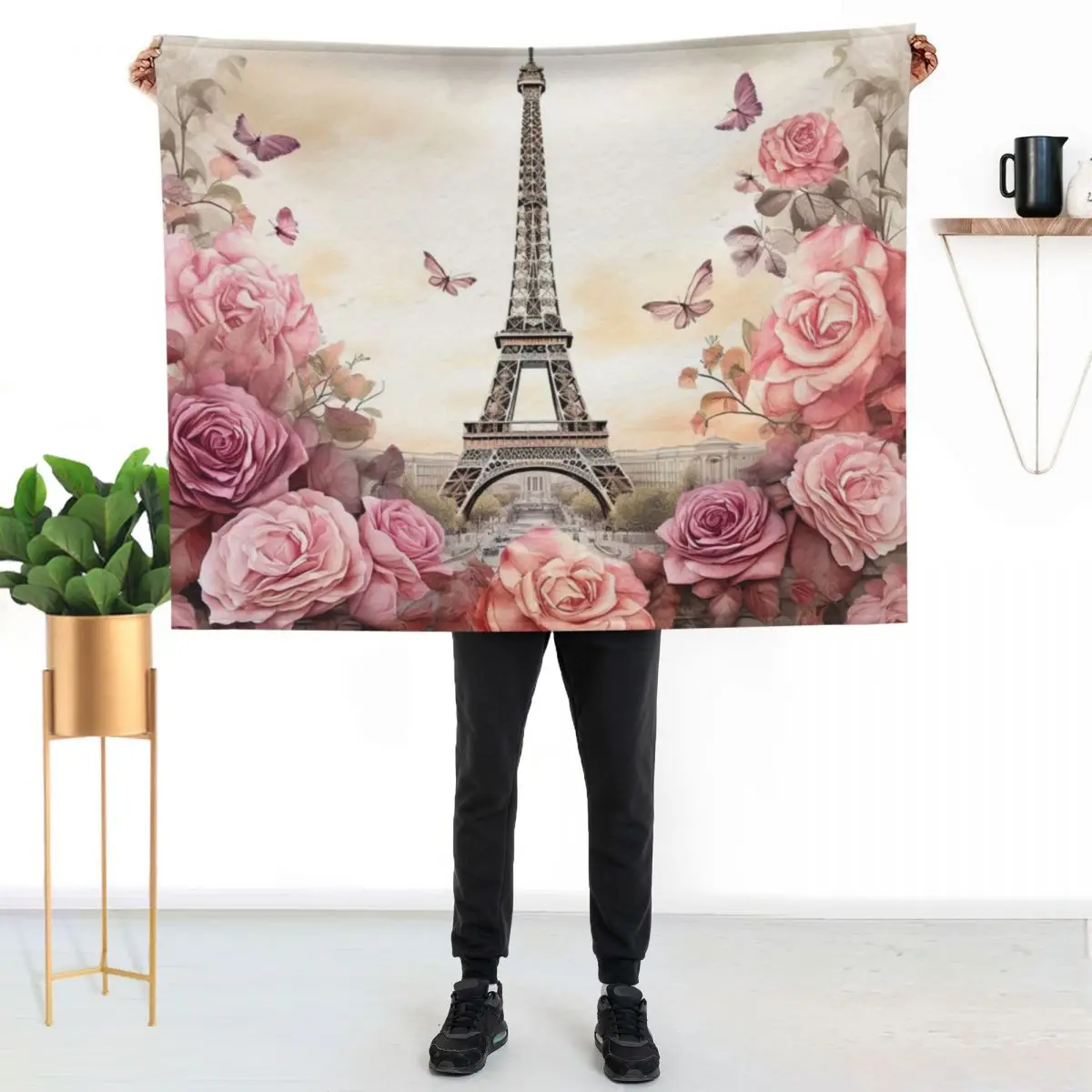 Vintage Eiffel Tower Paris with pink roses Throw Blanket Elegant Warm Throw Blanket for Hotel Home