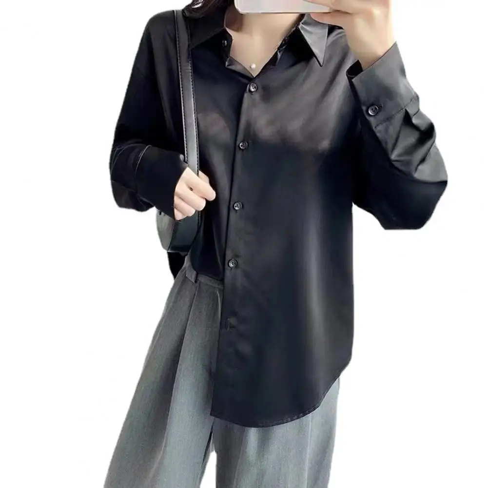 Satin Women Shirt Lapel Single-breasted Loose Elegant Shirts Draped Sense Long Sleeve Shirt Blouse