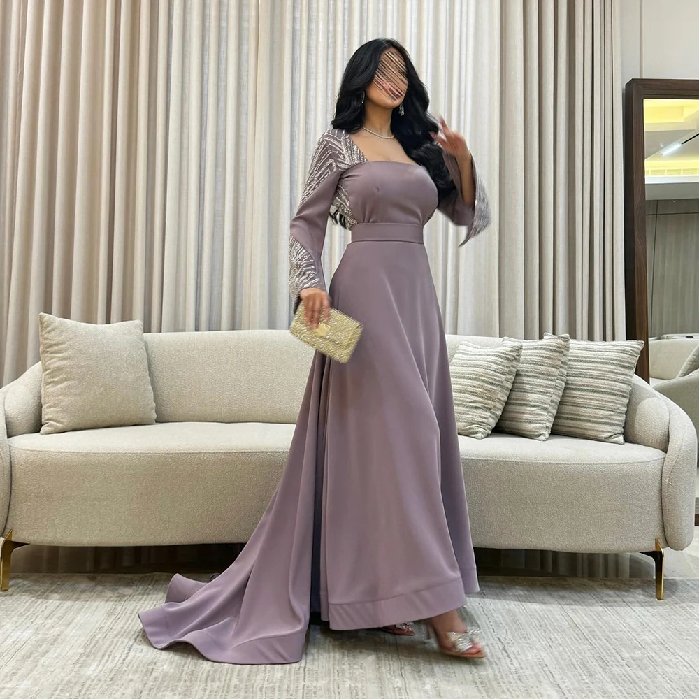 

Customized Square Collar Jersey A-line Evening Dress Full Sleeves With Watteau Train Party Dress Backless Ankle Length Prom Gown