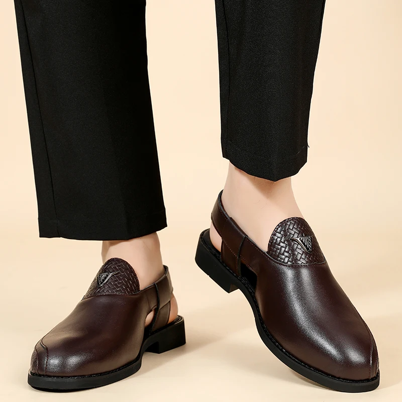 2026 New Men's Summer Flat Office Casual Shoes with Leather Woven Texture and Adjustable Back Strap Business Open-back Sandals
