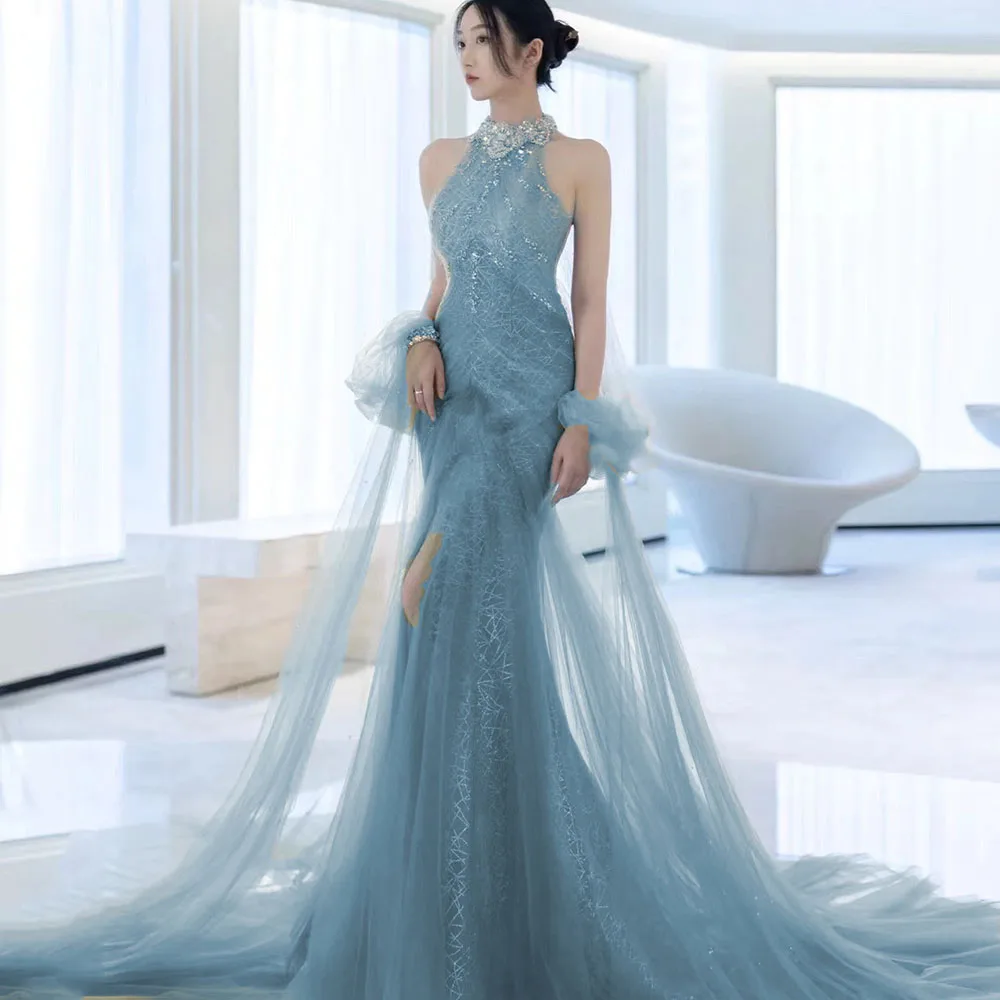 Dusty Blue Evening Dresses for Women Wedding Guest Mermaid Sweep Train Celebrity Dress Sequin Crystal vestidos de gala