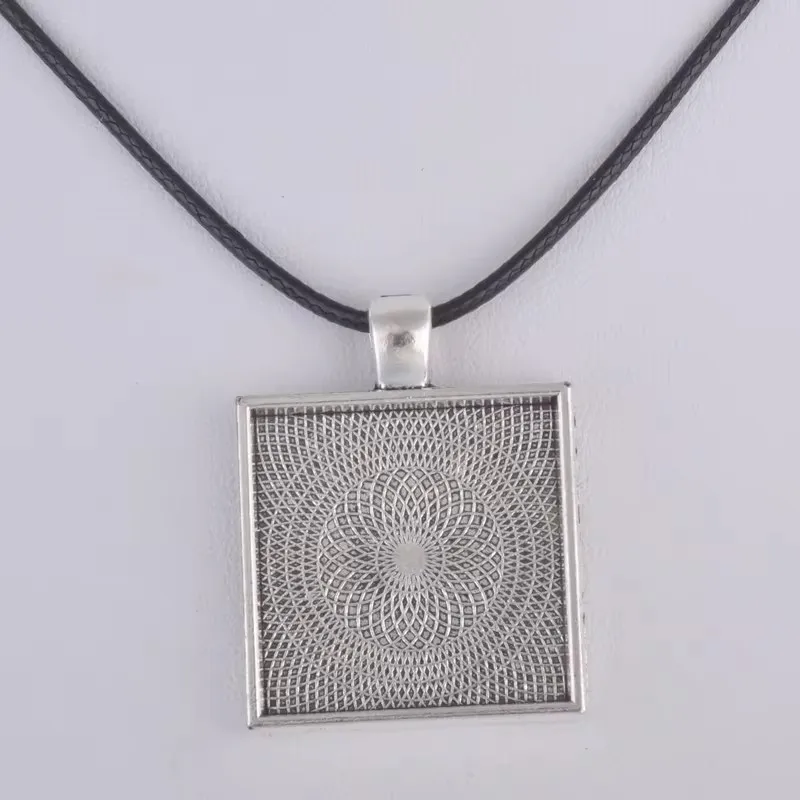 Fit 25Mm Retro Silver Color Square Blank Pendant Base Necklace Glass Cabochon Bezel Tray Vintage Necklace Making Jewelry Setting