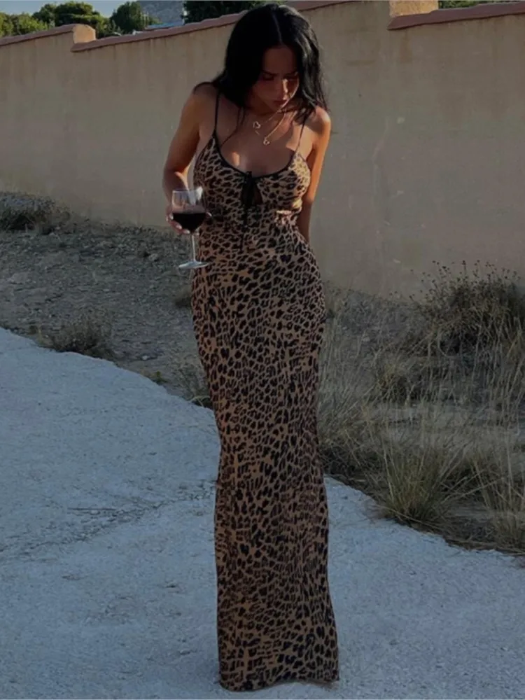 Leopard Print Spaghetti Strap Long Dresses Women Sexy Hollow Out Backless Slim Party Night Club Dress Female Fashion Streetwear