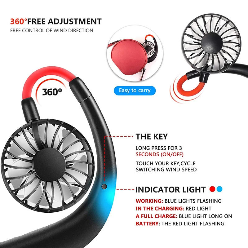 Portable Neck Fan USB Neck Hang Fan Hand Free Personal Lazy 360 Degree Rotation Cooling Handheld Wearable Suitable Fan