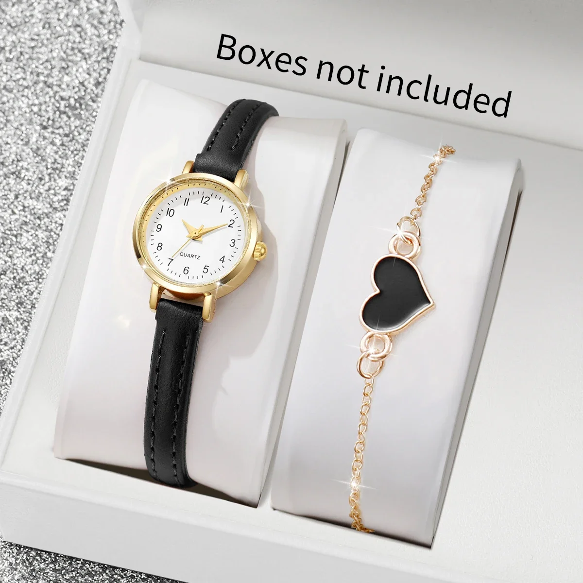 Hot Sale 2Pcs Gold Women's Watch & Bracelet Set, White Dial Watch with Black Strap + Black Heart Bracelet, Elegant Style