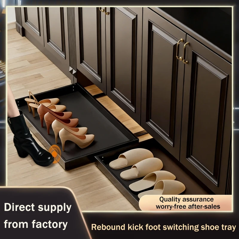 Extendable Pull Out Bottom Drawer Tray With No Drilling Push To Open Sliding Rail For Under Cabinet Shoe Storage In Entryway