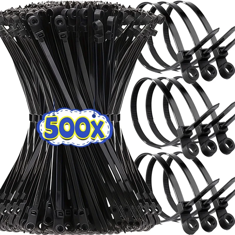 500/100pcs Nylon Cable Ties with Mounting Screw Hole Self Locking Loop Wraps Zipper Cables Tie Wire Fastening Straps Bundle Tool